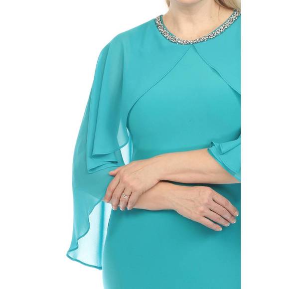 NEW JOSEPH RIBKOFF rhinestone embellished chiffon cape sheath dress in ocean blu - Picture 3 of 4
